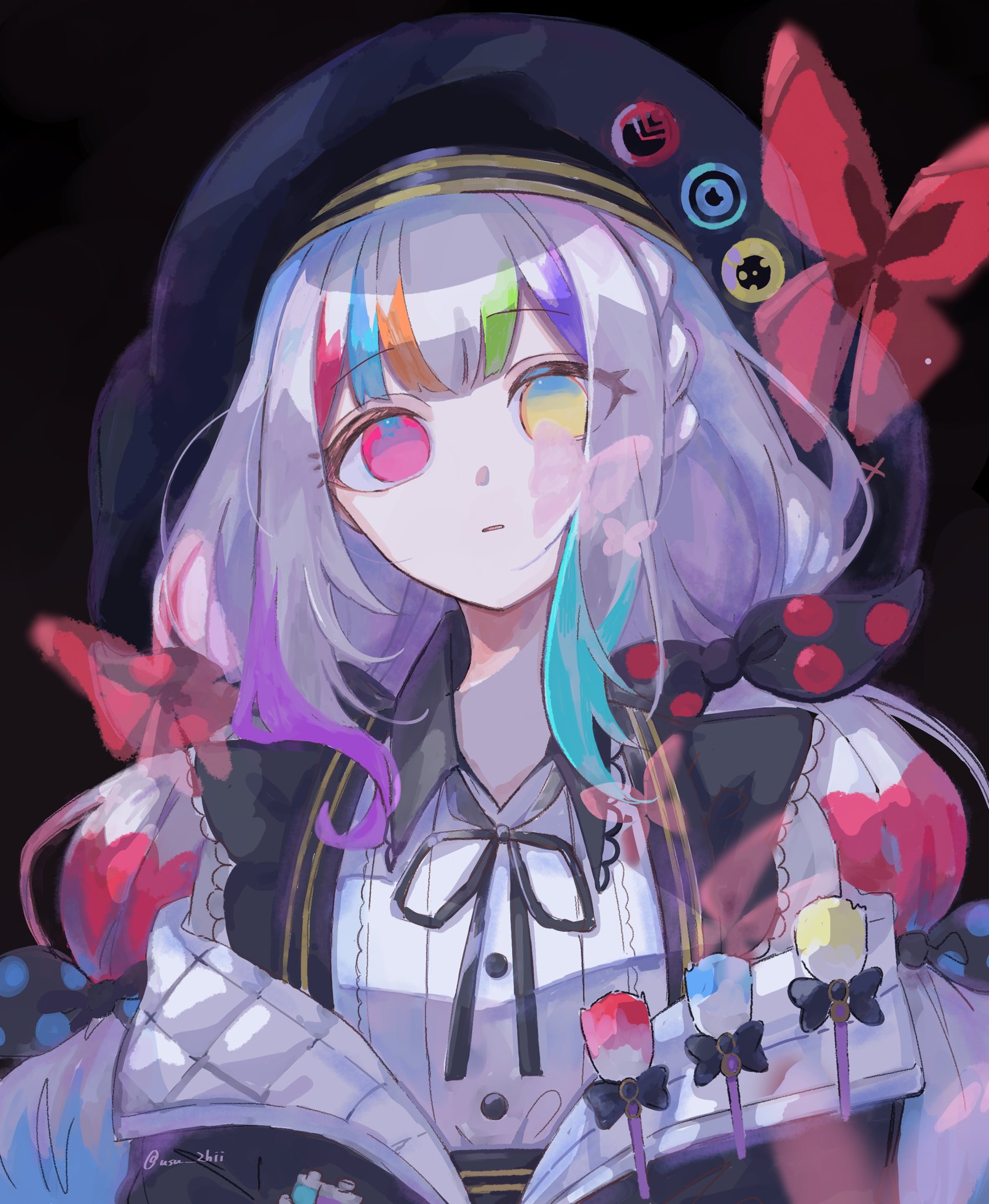 jougasaki noa, mahou shoujo no majo saiban, commentary request, highres, 1girl, beret, black background, black jacket, black ribbon, blunt bangs, braid, bug, butterfly, collared shirt, empty eyes, expressionless, hat, heterochromia, insect, jacket, long hair, looking at viewer, magical girl, multi-tied hair, multicolored hair, neck ribbon, off shoulder, paintbrush, red butterfly, red eyes, ribbon, shirt, solo, streaked hair, tokika rakka, twin braids, upper body, white hair, white shirt, yellow eyes