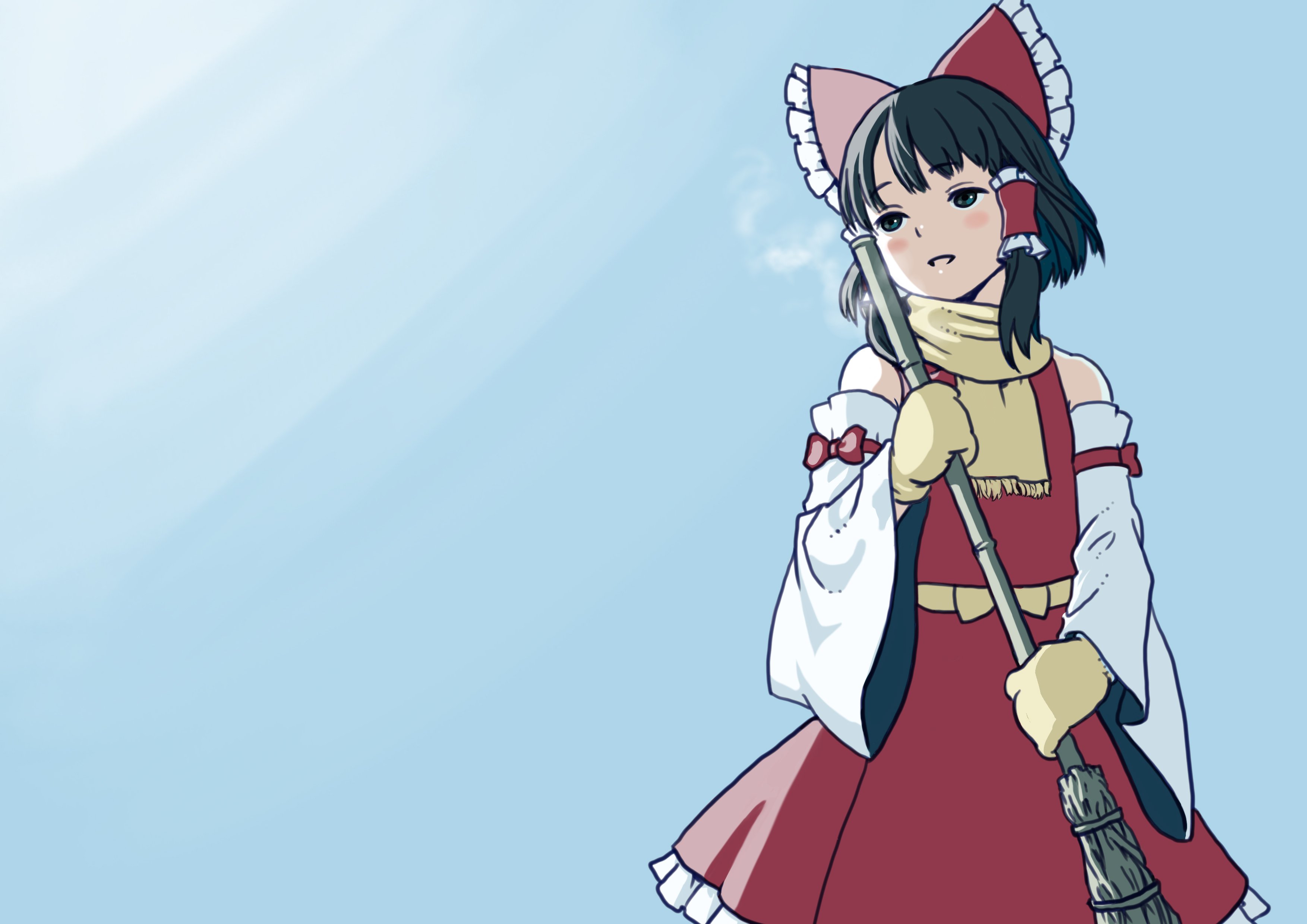 rico (maikubakaa), hakurei reimu, touhou, absurdres, commentary request, highres, 1girl, black eyes, black hair, blush, bow, breath, broom, gloves, hair bow, holding, holding broom, japanese clothes, long hair, looking to the side, miko, smile, solo