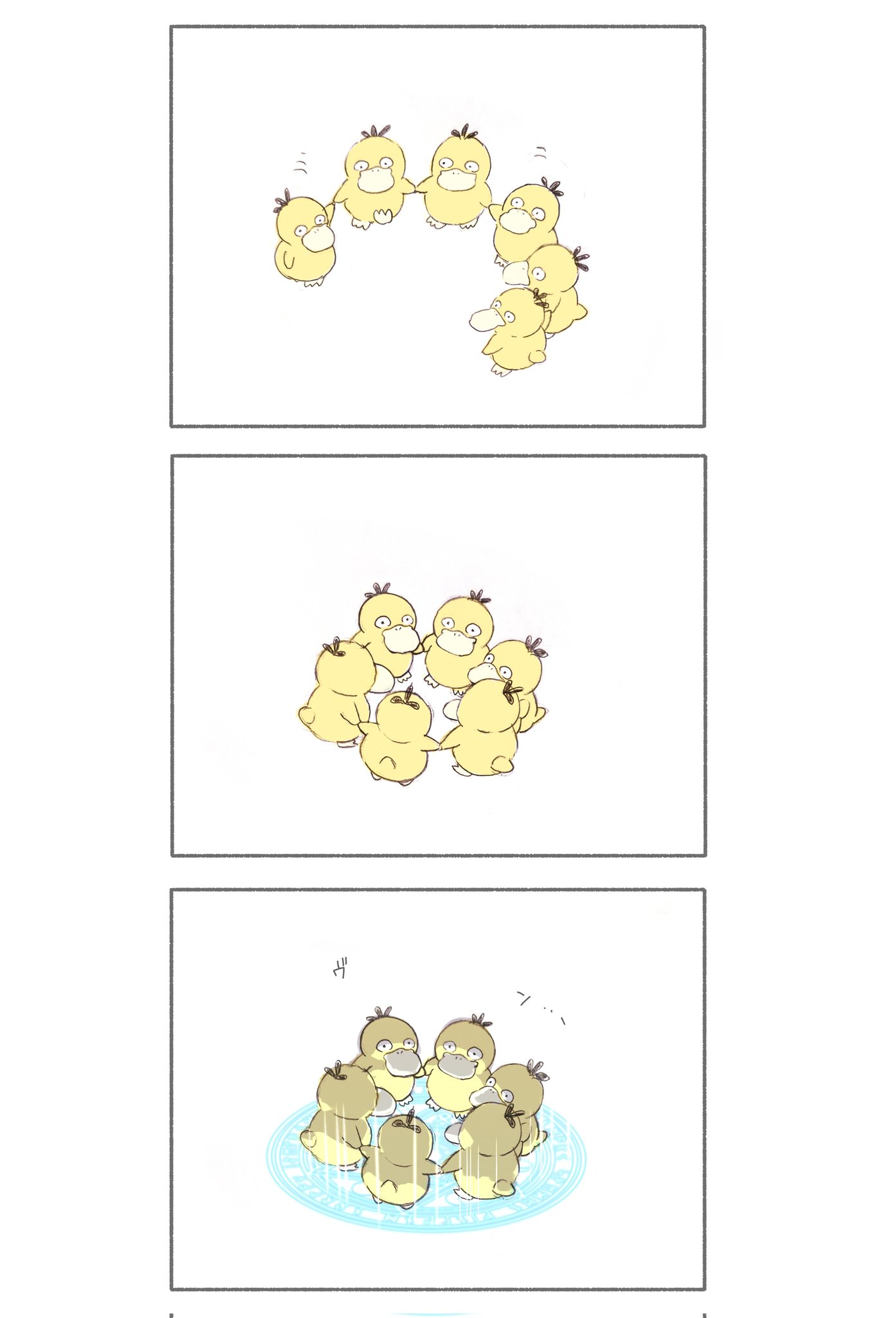 emilie dq, psyduck, nintendo, pokemon, highres, beak, bird, duck, gen 1 pokemon, holding hands, magic, magic circle, no humans, pokemon (creature), pokemon focus, simple background, standing, standing on magic circle, white background