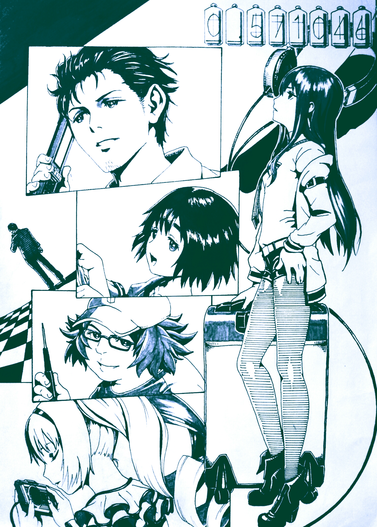 rico (maikubakaa), akiha rumiho, hashida itaru, makise kurisu, okabe rintarou, shiina mayuri, science adventure, steins;gate, commentary request, highres, 2boys, 3girls, baseball cap, cellphone, flip phone, formal clothes, glasses, greyscale, hat, headphones, jacket, long hair, monochrome, multiple boys, multiple girls, open clothes, open jacket, phone, short hair, shorts, smile, suit, twintails