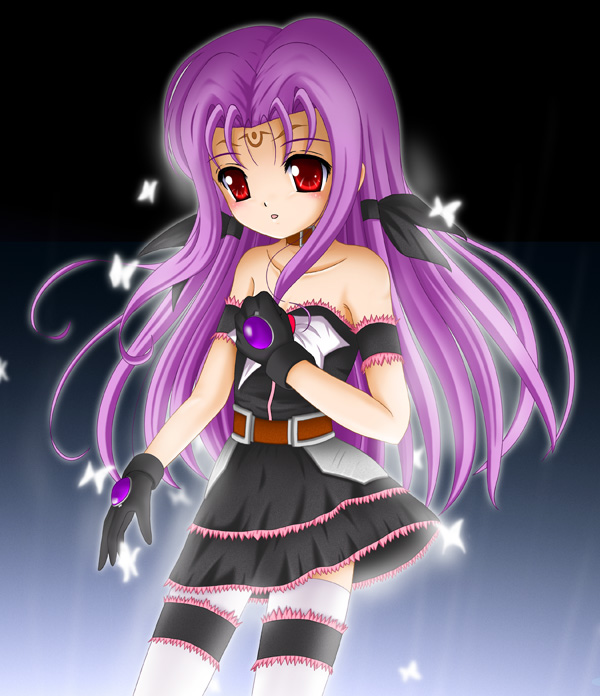flipper, asclepius (nanoha), lutecia alpine, lyrical nanoha, mahou shoujo lyrical nanoha, mahou shoujo lyrical nanoha strikers, 00s, 1girl, bow, bug, butterfly, facial mark, female focus, forehead mark, gloves, insect, magical girl, solo, thighhighs
