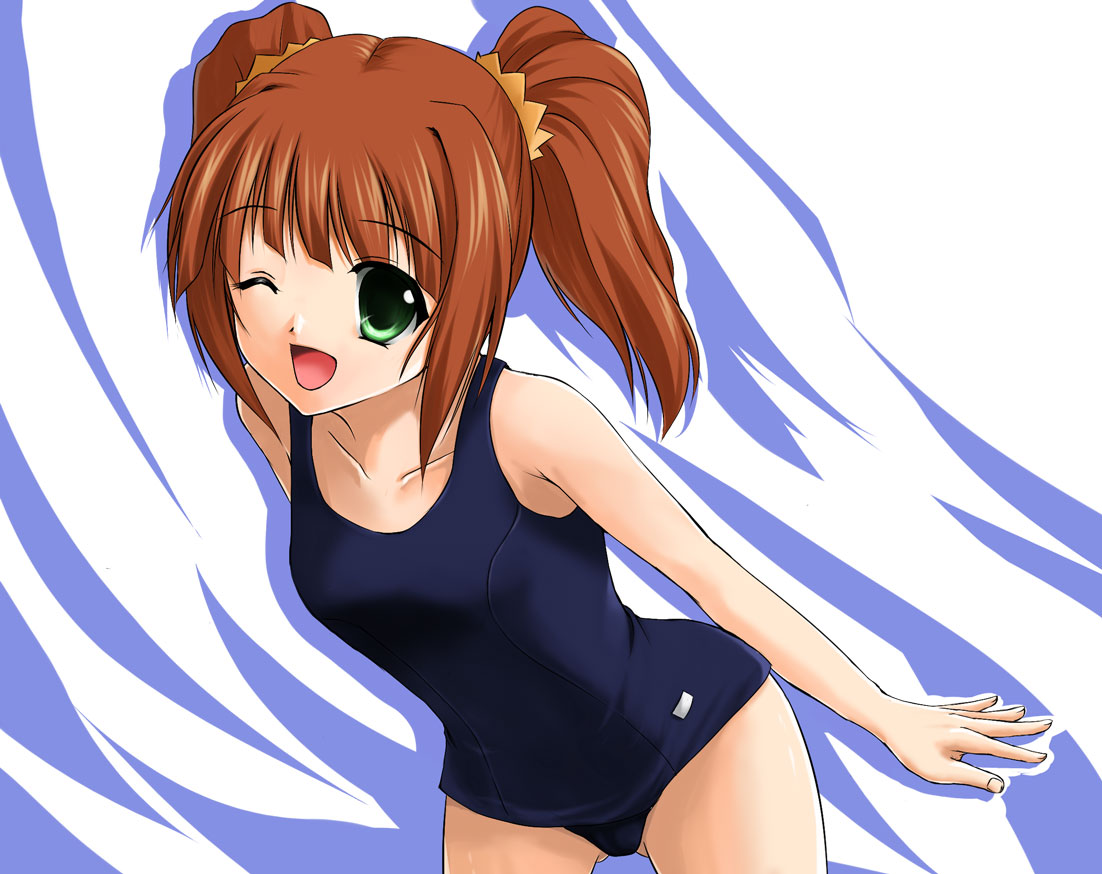 ryuushou, takatsuki yayoi, idolmaster, idolmaster (classic), idolmaster 1, 00s, 1girl, brown hair, female focus, green eyes, one-piece swimsuit, one eye closed, open mouth, school swimsuit, solo, swimsuit, twintails
