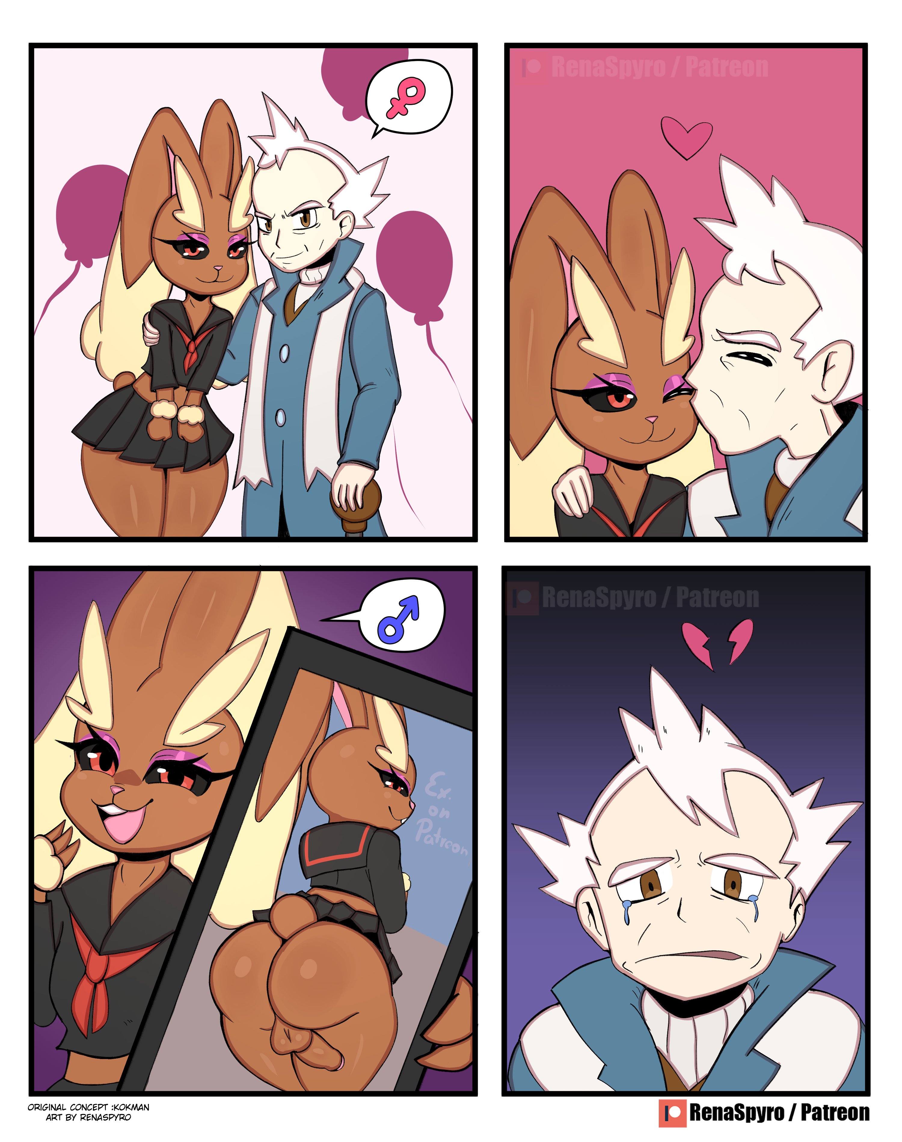 renaspyro, lopunny, nintendo, pokemon, 2024, 2boys, age difference, cellphone, crossdressing, crying, crying with eyes open, disappointed, gen 4 pokemon, heart, kiss, mistaken identity, multiple boys, narrowed eyes, old, old man, penis, phone, rabbit, rabbit boy, sad, skirt, smile, standing, tears, testicles, trap, white hair