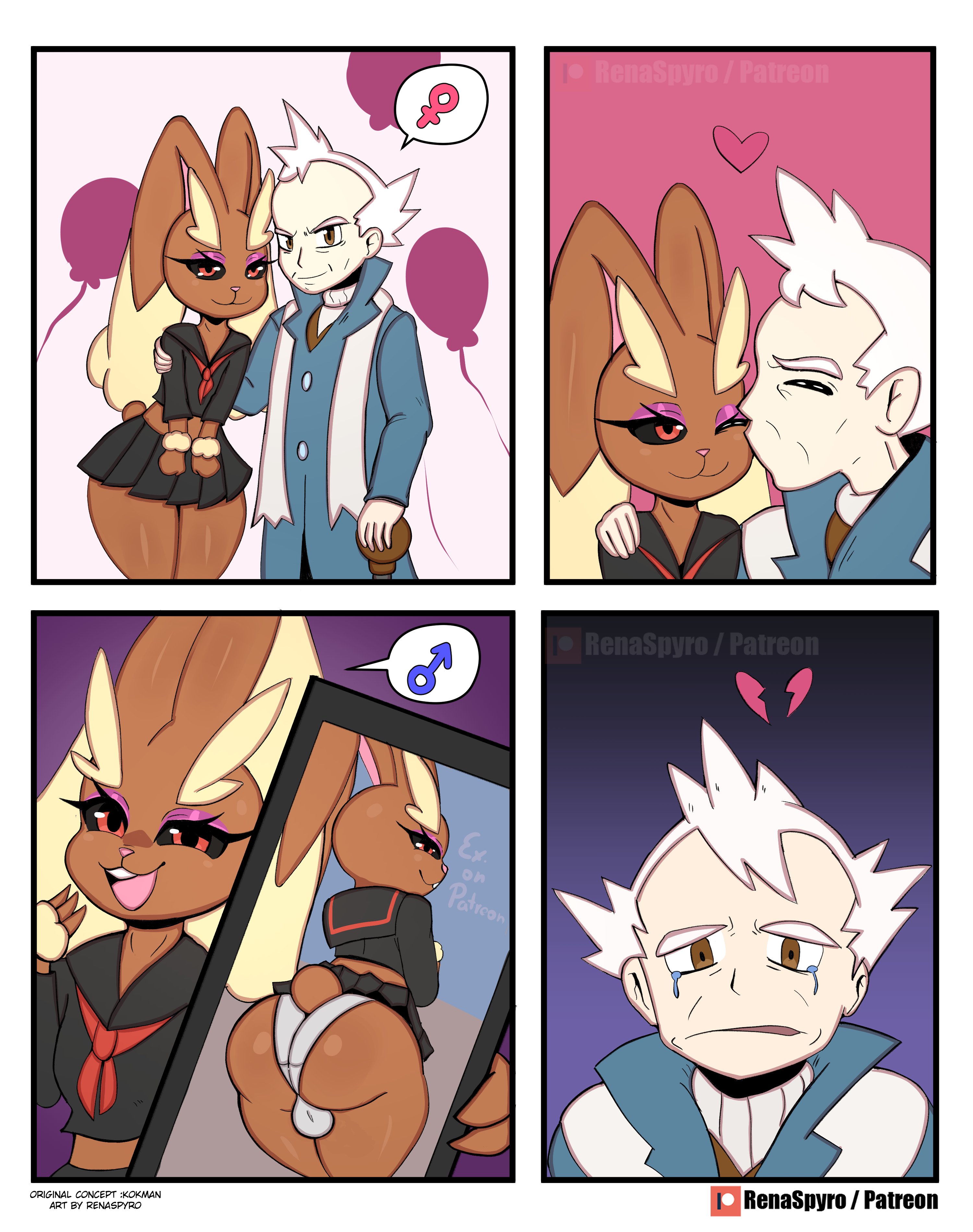 renaspyro, lopunny, nintendo, pokemon, 2024, 2boys, age difference, bulge, cellphone, crossdressing, crying, crying with eyes open, disappointed, gen 4 pokemon, heart, kiss, mistaken identity, multiple boys, narrowed eyes, old, old man, panties, phone, rabbit, rabbit boy, sad, skirt, smile, standing, tears, trap, underwear, white hair