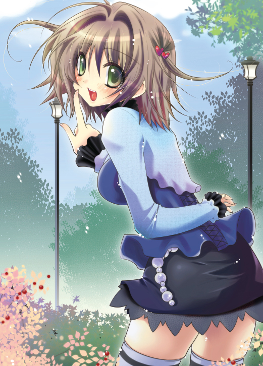 yukian, 1girl, breasts, brown hair, female focus, green eyes, hair ornament, heart, large breasts, open mouth, short hair, smile, solo, thighhighs, zettai ryouiki