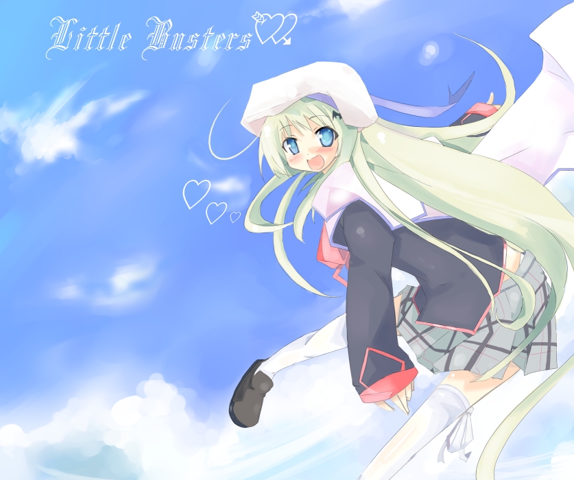 kanikama, noumi kudryavka, little busters!, blue eyes, cape, hat, heart, long hair, plaid clothes, plaid skirt, skirt, sky, solo, thighhighs, zettai ryouiki