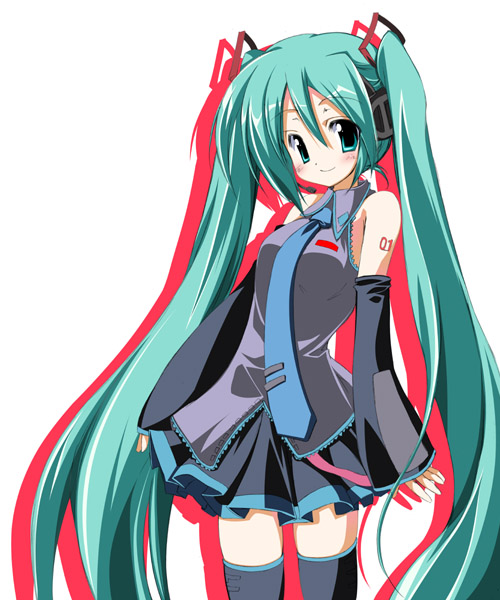 sen (astronomy), hatsune miku, vocaloid, 1girl, aqua hair, black thighhighs, blouse, blue necktie, collared shirt, cowboy shot, detached sleeves, female focus, frilled shirt, frills, grey shirt, hair between eyes, headset, long hair, necktie, number tattoo, shirt, shoulder tattoo, sleeveless, sleeveless shirt, solo, tattoo, thighhighs, twintails, very long hair, white background, zettai ryouiki