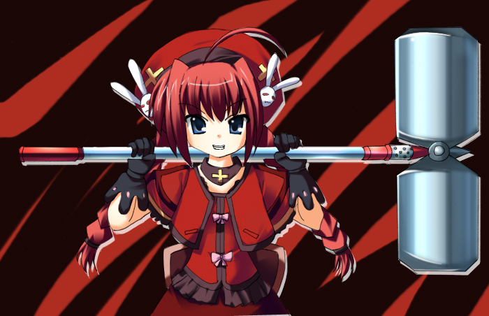 odaya, odayan, graf eisen, vita (nanoha), lyrical nanoha, mahou shoujo lyrical nanoha, mahou shoujo lyrical nanoha strikers, 00s, 1girl, ahoge, blue eyes, braid, choker, female focus, gloves, hair ornament, hat, long hair, mallet, rabbit, red hair, smile, solo, twin braids, weapon