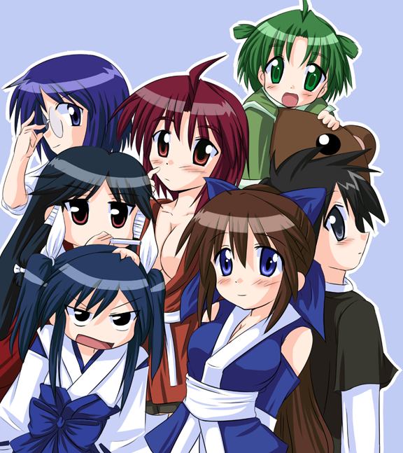 jun (aoerm), ayane (nagasarete airantou), chikage (nagasarete airantou), kuma kuma, machi (nagasarete airantou), rin (nagasarete airantou), suzu (nagasarete airantou), touhouin ikuto, yukino (nagasarete airantou), nagasarete airantou, hand on head, 00s, 6+girls, ahoge, angry, arms behind back, back-to-back, bear, black hair, blue eyes, blue hair, blush, breasts, brown hair, child, cleavage, everyone, glasses, green eyes, green hair, hair ribbon, japanese clothes, long hair, medium breasts, miko, multiple girls, no bra, open mouth, ponytail, red eyes, red hair, ribbon, short hair, short twintails, siblings, sisters, smile, spiked hair, twintails, very long hair