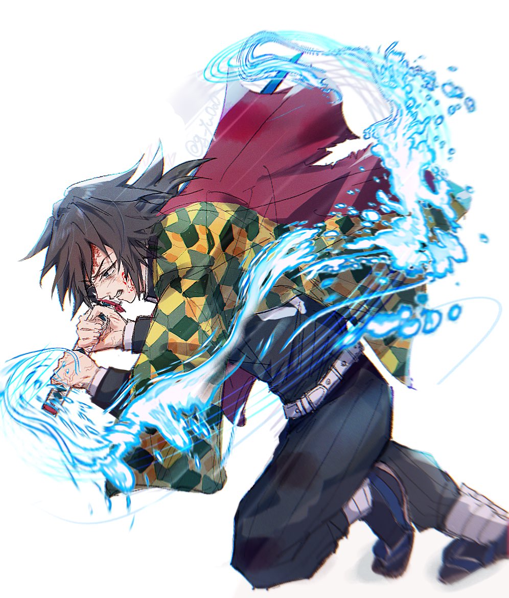 tomioka giyuu, kimetsu no yaiba, revision, 1boy, belt, black hair, black jacket, black pants, blood, blood on face, blue eyes, demon slayer uniform, g yu0o0, haori, holding, holding sword, holding weapon, jacket, japanese clothes, katana, male focus, open mouth, pants, print haori, red haori, simple background, solo, spiked hair, sword, torn clothes, water, weapon, white background, white belt