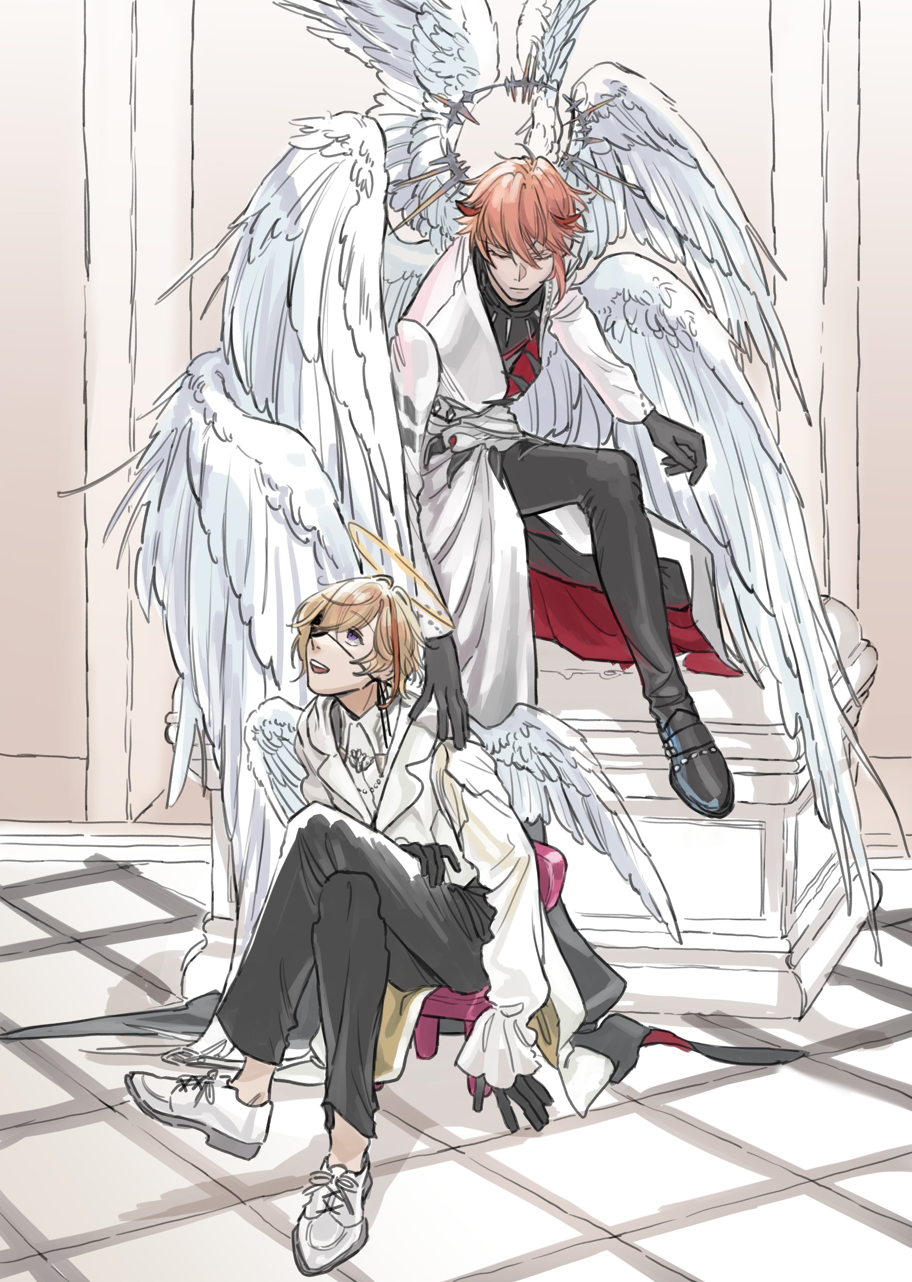 koze niire, fura kanato, seraph dazzlegarden, nijisanji, absurdres, highres, 2boys, alternate costume, angel wings, black gloves, black pants, black shirt, black shoes, blonde hair, closed eyes, coat, crossed legs, eyepatch, gloves, halo, indoors, loafers, looking up, male focus, multicolored hair, multiple boys, multiple wings, pants, red hair, seraph, seraph wings, shirt, shoes, short hair, sitting, smile, streaked hair, virtual youtuber, white coat, white shoes, wings