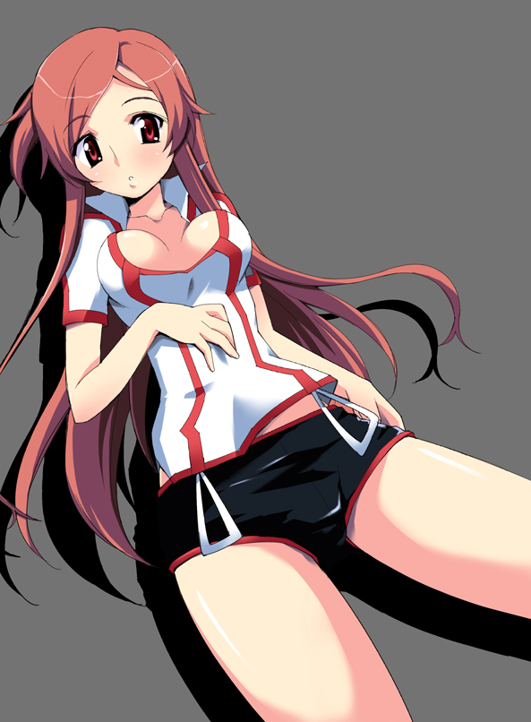nippori, toa (dragonaut), dragonaut, 00s, 1girl, breasts, cleavage, cowboy shot, female focus, lying, on back, red eyes, red hair, short shorts, shorts, solo
