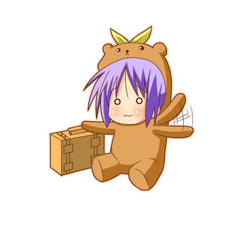 minami (colorful palette), bear tsukasa, capybara-san, hiiragi tsukasa, lucky star, lowres, 00s, 1girl, :3, animal costume, bear costume, blush, chibi, female focus, o o, purple hair, short hair, simple background, sitting, solo, suitcase