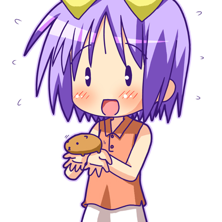 minami (colorful palette), capybara-san, hiiragi tsukasa, lucky star, lowres, 00s, capybara, casual, chibi, purple hair, short hair, solo