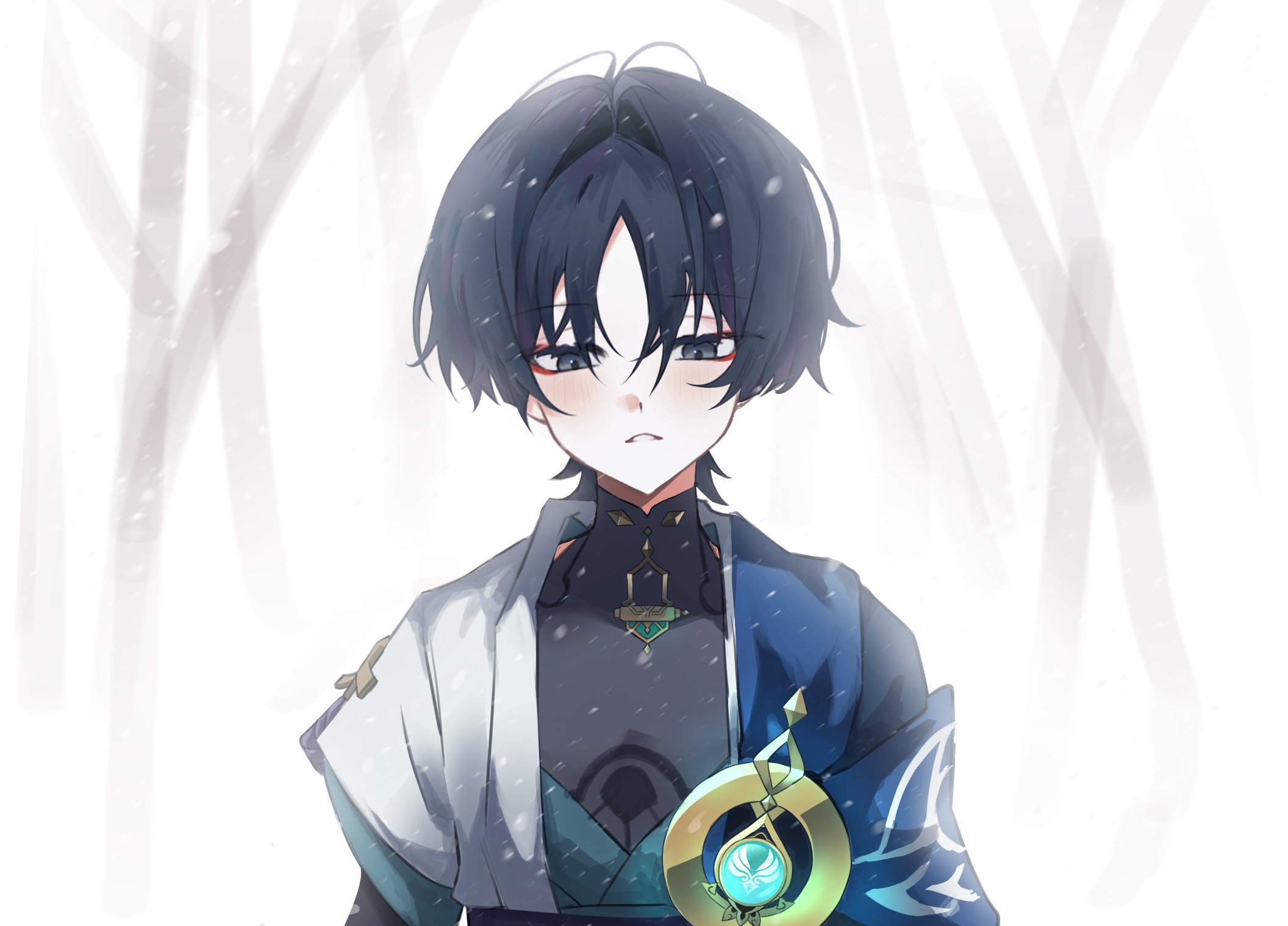 scaramouche (genshin impact), wanderer (genshin impact), genshin impact, highres, 1boy, anemo symbol (genshin impact), aqua gemstone, aqua sleeves, arm at side, black bodysuit, black eyes, black hair, blue cape, blue kimono, blunt ends, blurry, blurry background, blush, bodysuit, cape, eyelashes, eyeliner, eyeshadow, feathers, gem, gold, hair intakes, japanese clothes, juban, kimono, layered sleeves, looking down, makeup, male focus, mandarin collar, open clothes, open kimono, open mouth, outdoors, pom pom (clothes), purple rope, red eyeliner, red eyeshadow, rope, short sleeves, shoulder peek, sl222p, snowing, solo, straight-on, tsurime, upper body, vision (genshin impact), white kimono, white mouth, white sleeves, white trim, wispy bangs, yellow feathers