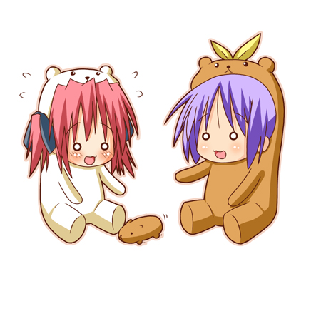 minami (colorful palette), bear tsukasa, bear yutaka, capybara-san, hiiragi tsukasa, kobayakawa yutaka, lucky star, lowres, 00s, 2girls, animal, animal costume, bear costume, blush, chibi, multiple girls, o o, purple hair, red hair, short hair, simple background, sitting