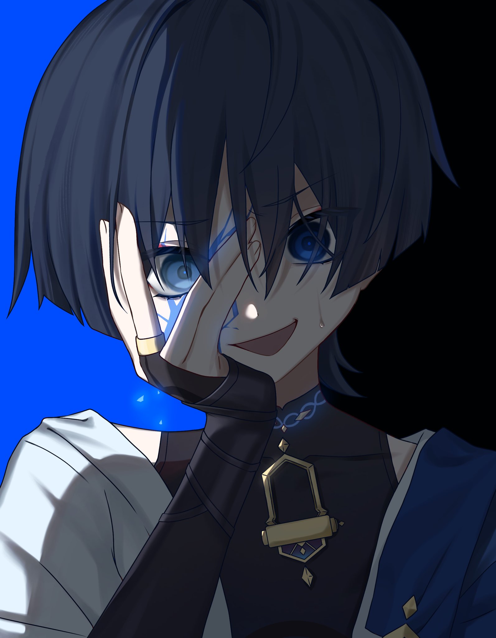 scaramouche (genshin impact), wanderer (genshin impact), genshin impact, highres, 1boy, armor, black background, black bodysuit, black bridal gauntlets, black hair, blue background, blue cape, blue eyes, blue pupils, blunt ends, bodysuit, bridal gauntlets, cape, covered collarbone, cracked skin, crazy eyes, crazy smile, eyelashes, glowing skin, gold ring, hand on another's face, hand up, japanese armor, japanese clothes, kimono, kote, kurokote, looking at viewer, male focus, mandarin collar, middle ring, open clothes, open kimono, open mouth, peeking through fingers, portrait, shoulder peek, sidelighting, smile, solo, straight-on, sweatdrop, takura 0103, two-tone background, white kimono, wide-eyed, wispy bangs