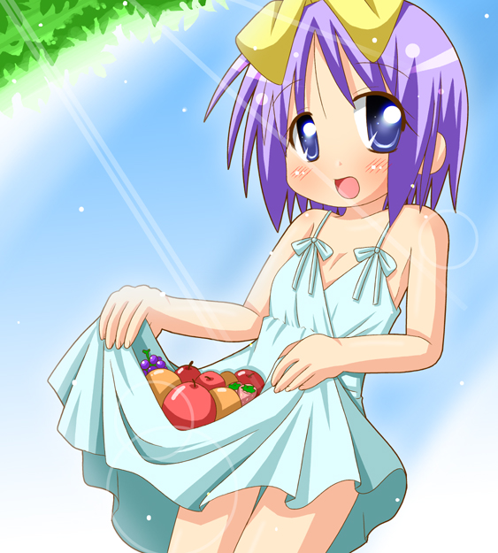minami (colorful palette), hiiragi tsukasa, lucky star, 00s, apple, dress, food, fruit, grapes, hair ribbon, orange (fruit), purple hair, ribbon, short hair, solo, strawberry, sundress