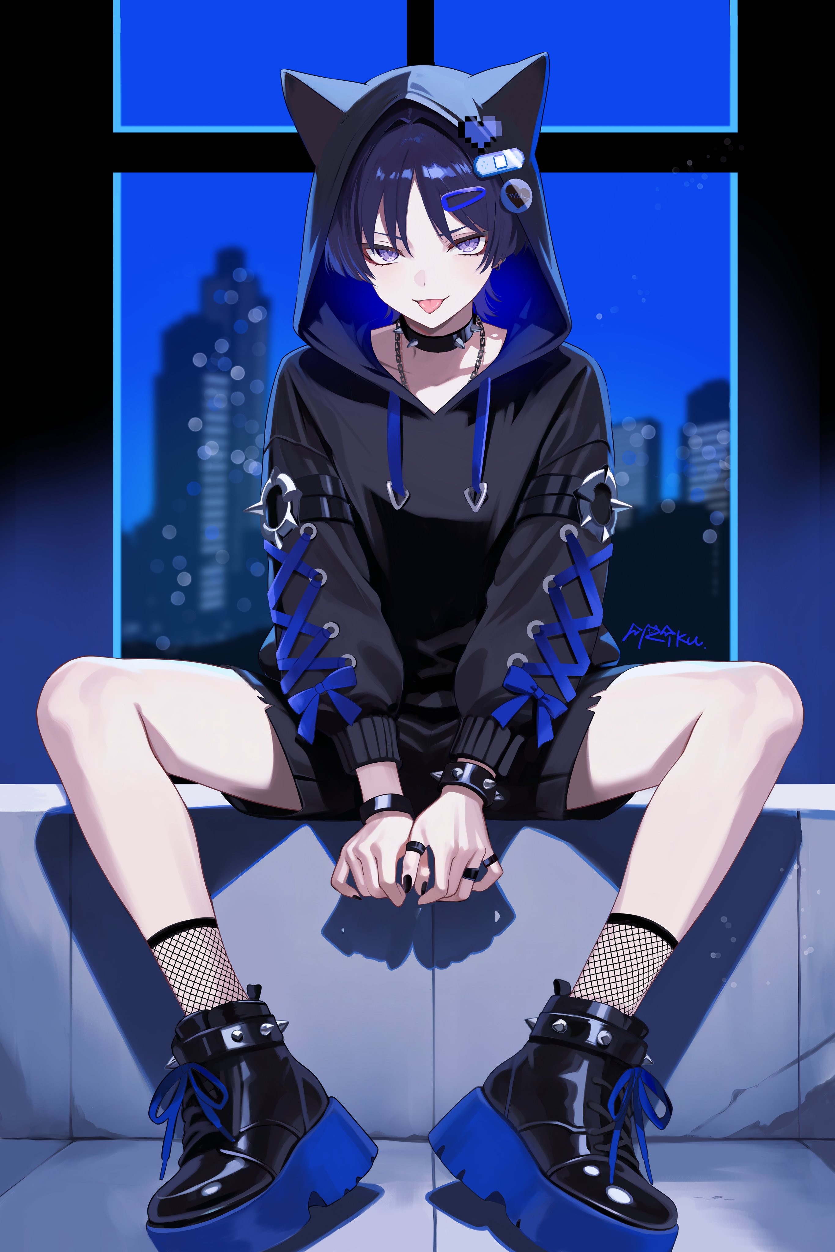 riku (rrr gns), scaramouche (genshin impact), genshin impact, absurdres, highres, 1boy, alternate costume, animal ear hood, animal ears, arm strap, artist name, badge, bandaid, bandaid hair ornament, between legs, black boots, black collar, black hood, black hoodie, black nails, black sleeves, blunt ends, boots, bracelet, button badge, casual, cat ears, cityscape, collar, collarbone, contemporary, cross-laced clothes, cross-laced sleeves, eyelashes, eyeliner, eyeshadow, fake animal ears, hair intakes, hair ornament, hairclip, hakama, hakama shorts, hand between legs, heart ornament, hood, hood up, hoodie, indoors, japanese clothes, jewelry, lace-up boots, long sleeves, makeup, male focus, multiple rings, o-ring strap, platform boots, pleated shorts, purple eyes, purple hair, red eyeliner, red eyeshadow, ring, shoe belt, shorts, signature, sitting, solo, spiked belt, spiked bracelet, spiked collar, spikes, tongue, tongue out, tsurime, window