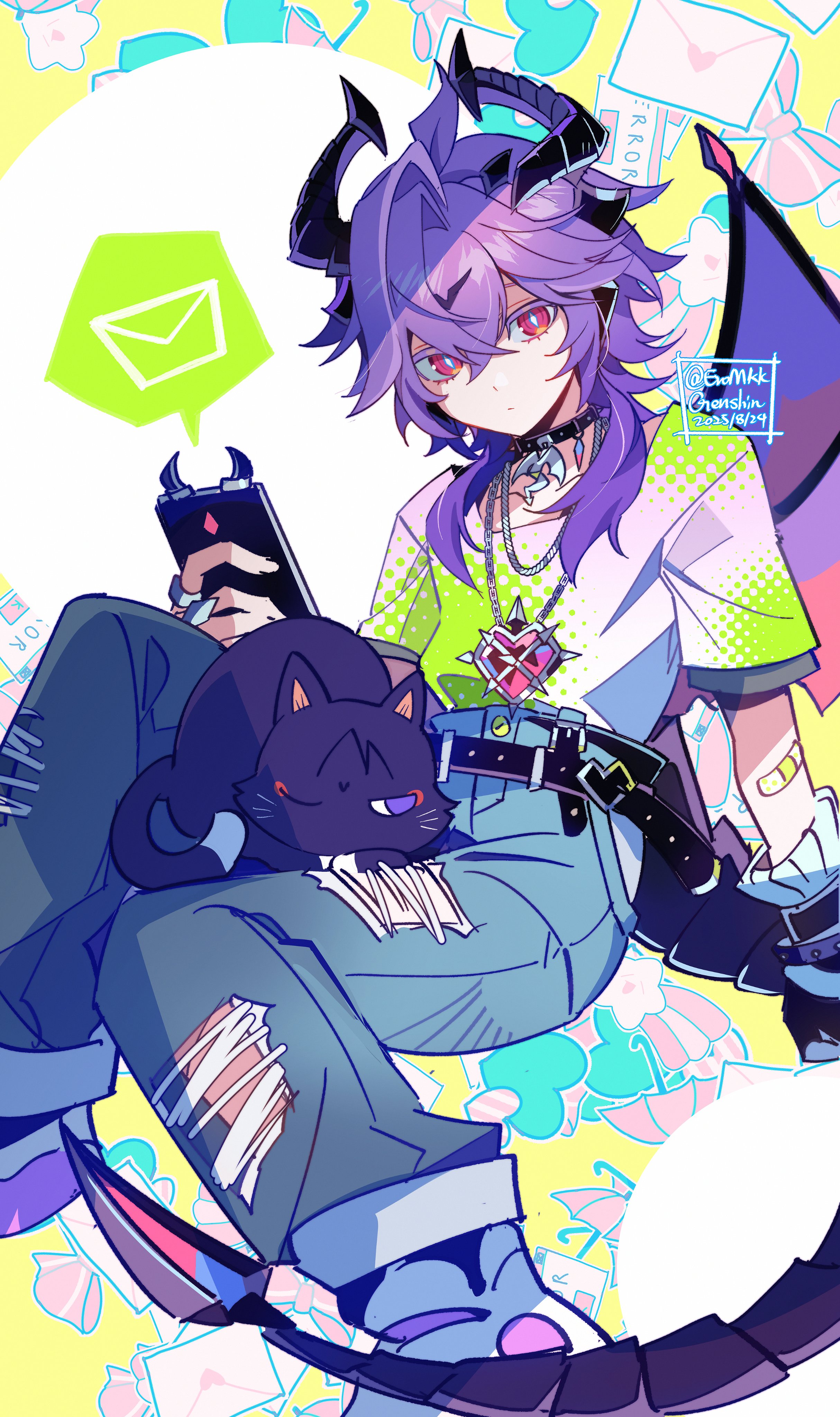 eromkk, mini durin (genshin impact), mini durin (human) (genshin impact), scaramouche (cat) (genshin impact), scaramouche (genshin impact), genshin impact, absurdres, highres, 1boy, alternate costume, animal, animal on lap, animalization, arm at side, arm support, bandaid, bandaid on arm, belt, black belt, black choker, black horns, bow, bright pupils, casual, cat, cat on lap, chain, chain necklace, choker, closed mouth, collarbone, colored eyelashes, contemporary, copyright name, crossed bangs, dated, denim, diamond-shaped pupils, diamond (shape), dragon horns, dragon tail, dragon wings, expressionless, facial mark, fingernails, forehead mark, grey pants, grey sleeves, hair between eyes, heart, heart pendant, holding, holding phone, horns, jeans, jewelry, layered sleeves, letter, looking at viewer, love letter, male focus, multicolored horns, necklace, on lap, pants, person and animalization, phone, pink bow, pink wings, purple cat, purple horns, purple tail, red eyes, ring, shirt, shoes, short sleeves, sneakers, spiked horns, spoken letter, striped bow, symbol-shaped pupils, tail, torn clothes, torn jeans, torn pants, tsurime, twitter username, two-tone horns, white pupils, white shirt, white shoes, white sleeves, wings