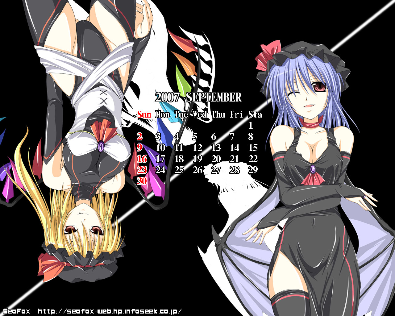 flandre scarlet, remilia scarlet, touhou, tagme, 2girls, aged up, breasts, dress, female focus, hat, multiple girls, thighhighs