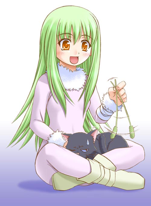 amber (darker than black), mao (darker than black), darker than black, white footwear, 00s, 1girl, black cat, blush, bodysuit, cat, cattail, female focus, fur trim, green hair, indian style, long hair, open mouth, orange eyes, plant, playing, shoes, simple background, sitting, smile, sweatdrop, tongue