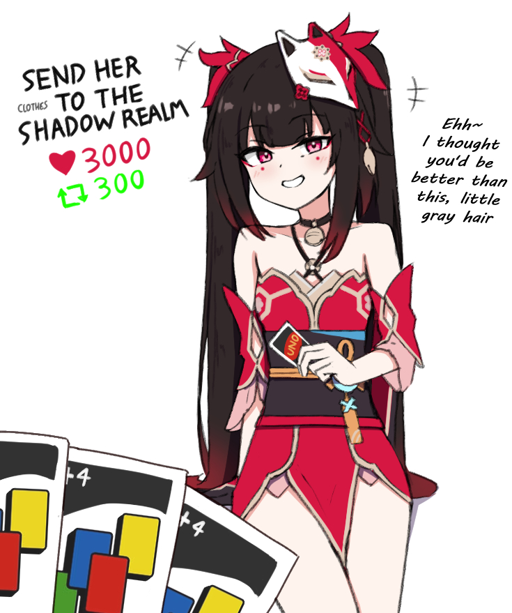 chirun0, sparkle (honkai: star rail), honkai: star rail, honkai (series), uno (game), commentary, english commentary, +++, 1girl, bare legs, bare shoulders, black choker, black gloves, black hair, breasts, card, choker, collarbone, criss-cross halter, crossed legs, detached sleeves, english text, eyeliner, facial mark, fox mask, gloves, gradient hair, grin, hair ornament, halterneck, hand rest, holding, holding card, japanese clothes, kimono, light blush, long hair, long sidelocks, looking at viewer, makeup, mark under eye, mask, meme, multicolored hair, o-ring, obi, obijime, pelvic curtain, pendant choker, playing games, pov, red eyeliner, red eyes, red hair, red kimono, sash, short sleeves, sidelocks, simple background, single glove, small breasts, smile, solo focus, standing, tilted headwear, twintails, twitter strip game, very long hair, white background