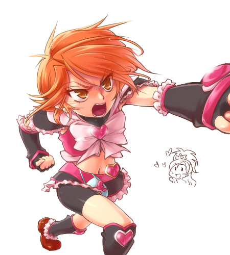 hairu, cure black, cure white, misumi nagisa, yukishiro honoka, futari wa precure, precure, lowres, 00s, 2girls, angry, bike shorts, boots, brooch, brown eyes, elbow gloves, fingerless gloves, gloves, heart, heart brooch, knee boots, magical girl, miniskirt, multiple girls, navel, orange hair, punching, short hair, shorts, shorts under skirt, skirt, white background