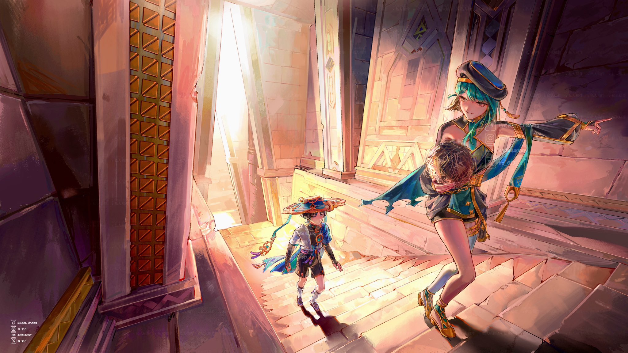 lic 617, scaramouche (genshin impact), wanderer (genshin impact), genshin impact, original, highres, 1boy, 1girl, aqua gemstone, armor, arms at sides, beret, black bodysuit, black bow, black bridal gauntlets, black hair, black hat, black sandals, black shirt, black shorts, black shrug, black sleeves, blonde hair, blue cape, blue hat, blue kimono, blue sleeves, blunt ends, bodysuit, bow, bridal gauntlets, brown eyes, cape, closed mouth, colored inner hair, covered collarbone, facebook logo, facebook username, feathers, gem, gold, gold shoes, gold trim, green cape, green hair, grey eyes, hakama, hakama shorts, hand up, hat, high heels, index finger raised, instagram logo, instagram username, japanese armor, japanese clothes, jewelry, jingasa, juban, kimono, kote, kurokote, layered sleeves, leg warmers, looking at another, looking back, mid-stride, multicolored hair, open clothes, open hands, open kimono, parted lips, pleated shorts, pointing, pointing to the side, pom pom (clothes), puffy sleeves, purple rope, purple sash, rope, ruins, sandals, sash, shadow, shirt, shoes, short hair, short sleeves, shorts, shrug (clothing), single sidelock, single thighhigh, smile, stairs, tassel, thighhighs, thighlet, toeless legwear, tsurime, twitter username, twitter x logo, watermark, white kimono, white leg warmers, white mouth, white sleeves, white thighhighs, yellow feathers