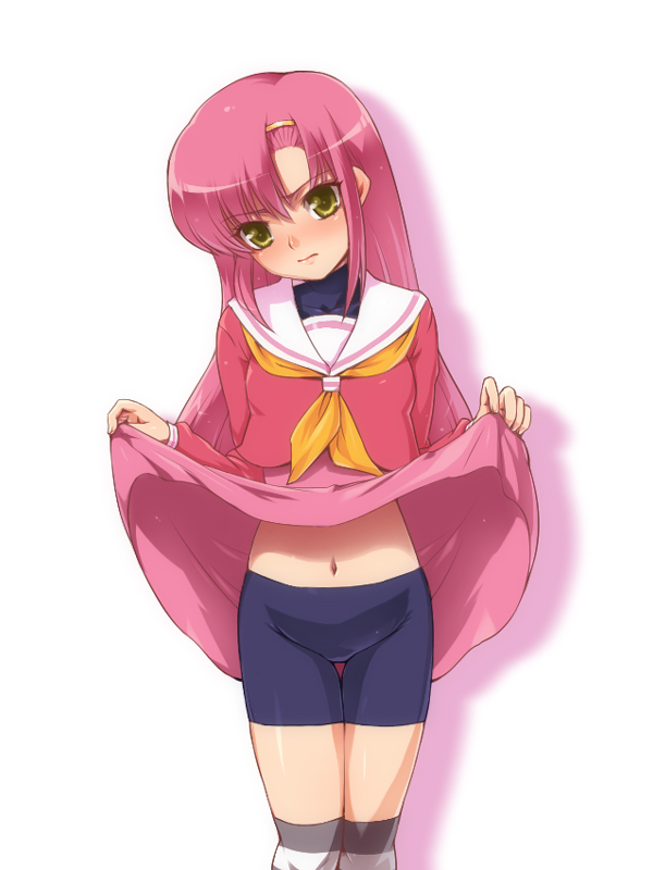 hairu, katsura hinagiku, hayate no gotoku!, 00s, 1girl, bike shorts, clothes lift, female focus, head tilt, navel, skirt, skirt lift, solo, spandex, striped clothes, striped thighhighs, thigh gap, thighhighs