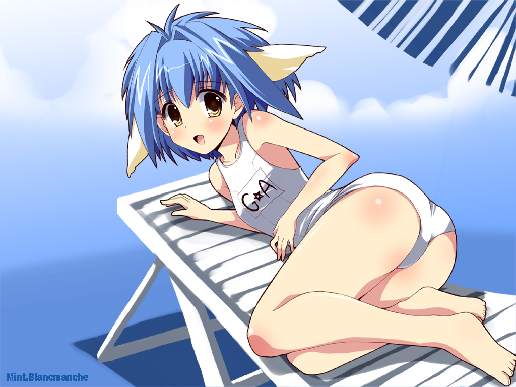 mint blancmanche, galaxy angel, tagme, 00s, 1girl, animal ears, blue hair, character name, female focus, looking at viewer, looking back, one-piece swimsuit, open mouth, school swimsuit, short hair, smile, solo, swimsuit, white one-piece swimsuit, white school swimsuit, yellow eyes