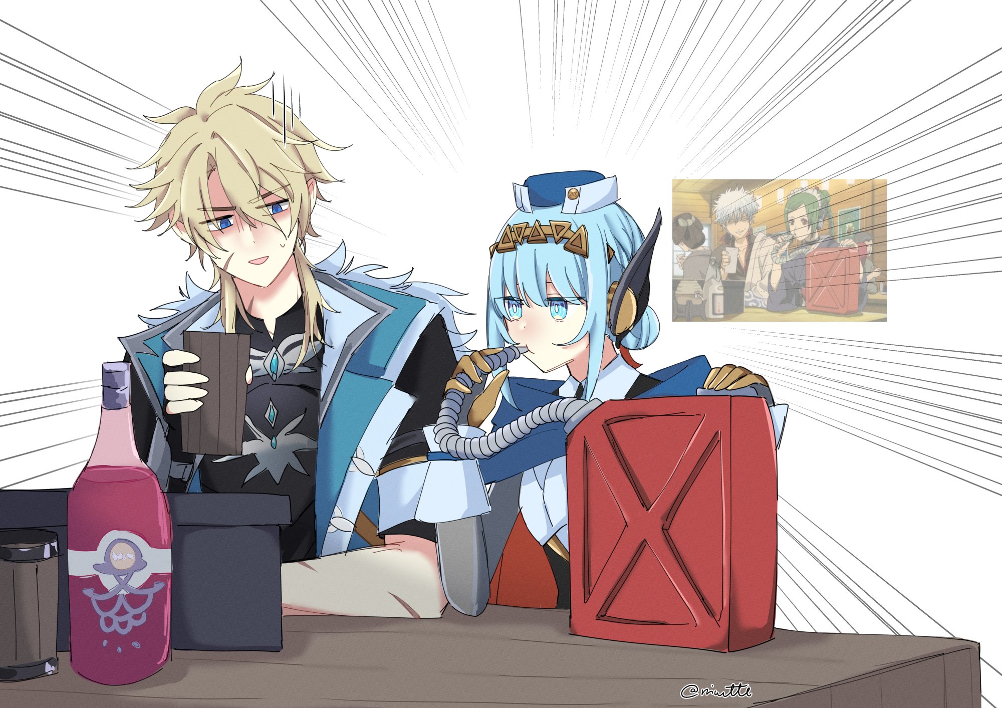 reiu (rriuette), ineffa (genshin impact), sakata gintoki, tama (gintama), varka (genshin impact), genshin impact, gintama, highres, 1boy, 1girl, android, anime screenshot inset, aqua jacket, artist name, black shirt, blonde hair, blue eyes, blue hair, blue hat, cup, drinking, hair bun, hair ornament, hat, holding, holding cup, jacket, jerry can, looking at another, parody, robot ears, robot girl, shirt, short sleeves, sleeveless, sleeveless jacket, twitter username