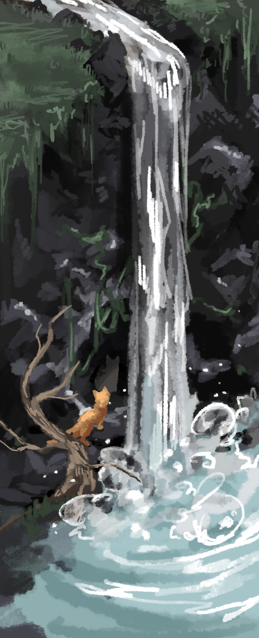 lantadorite, the new prophecy, warrior cats, commentary, commentary request, highres, animal focus, grass, lake, nature, no humans, orange cat, orange fur, outdoors, painterly, rock, scenery, solo, squirrelstar, tree, water, waterfall