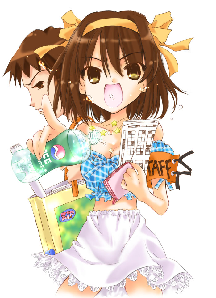 kyon, suzumiya haruhi, suzumiya haruhi no yuuutsu, 00s, 1boy, 1girl, bottle, brown hair, simple background, white background