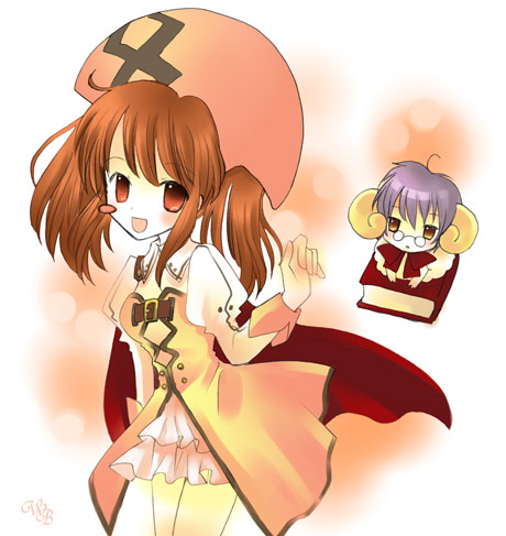 shima yukiwa, akihime sumomo, asahina mikuru, nagato yuki, yuki-chan, nanatsuiro drops, suzumiya haruhi no yuuutsu, lowres, 2girls, :d, akihime sumomo (cosplay), animalization, blush stickers, book, cosplay, crossover, glasses, hat, magical girl, multiple girls, name connection, open mouth, parody, pince-nez, smile, yuki-chan (cosplay)