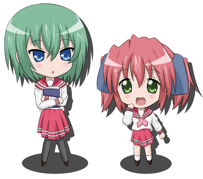iwasaki minami, kobayakawa yutaka, lucky star, 00s, blue eyes, book, chibi, green eyes, green hair, pantyhose, red hair, school uniform, serafuku, short hair, short twintails, twintails