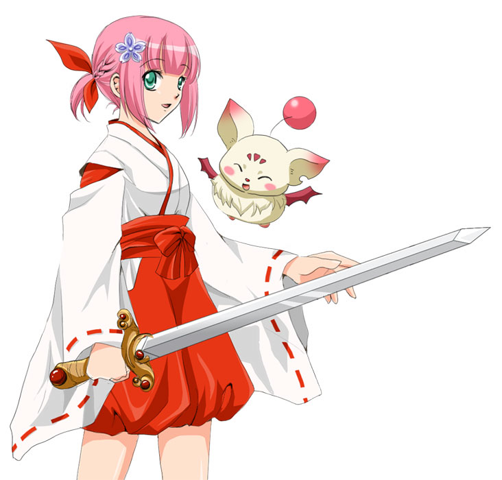 sinko (sinsin), tagme, japanese clothes, miko, simple background, sword, weapon, white background