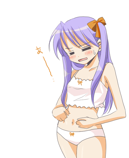 sinko (sinsin), hiiragi kagami, lucky star, 00s, blush, camisole, closed eyes, hair ribbon, lingerie, long hair, midriff, panties, purple hair, ribbon, solo, twintails, underwear