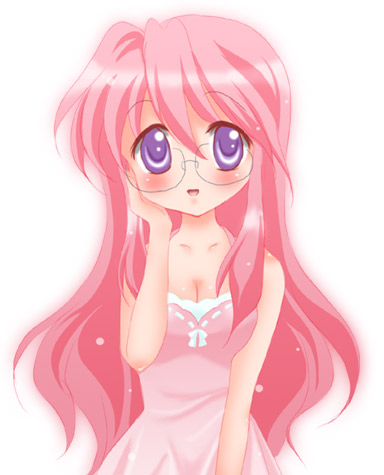 takara miyuki, lucky star, lowres, 00s, 1girl, blush, breasts, cleavage, dress, female focus, glasses, long hair, medium breasts, pink hair, purple eyes, solo
