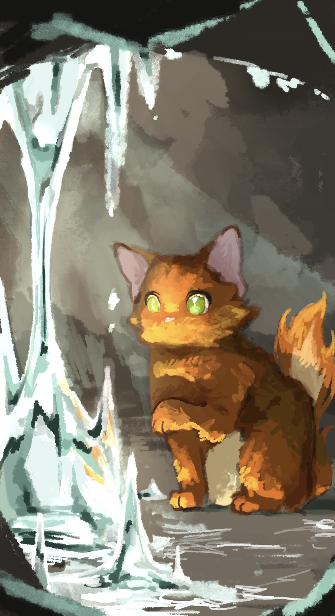 lantadorite, firestar (warrior cats), the prophecies begin, warrior cats, absurdres, commentary, highres, animal, animal focus, cave, crystal, fire, glowing, green eyes, in-universe location, no humans, no lineart, orange cat, painterly, sitting, solo