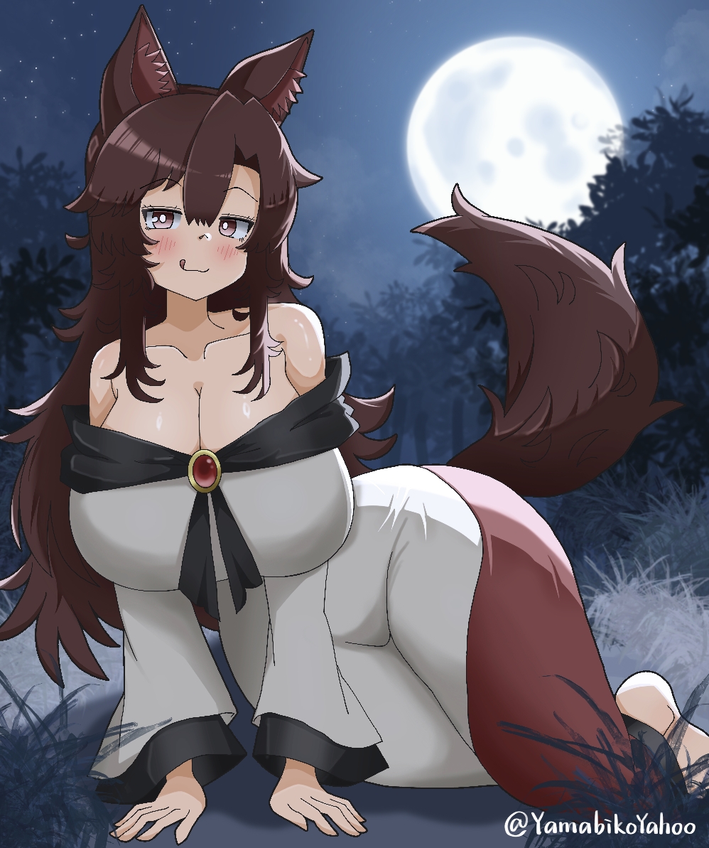 yamabikoyahoo, imaizumi kagerou, touhou, 1girl, animal ears, bare shoulders, barefoot, blush, breasts, brown eyes, brown hair, cleavage, closed mouth, collarbone, dress, full moon, hair between eyes, large breasts, licking lips, long hair, looking at viewer, lying, moon, night, night sky, off-shoulder dress, off shoulder, on side, red dress, sky, smile, solo, star (sky), starry sky, tail, tongue, tongue out, tree, two-tone dress, white dress, wolf ears, wolf girl, wolf tail