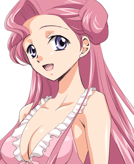 sinko (sinsin), euphemia li britannia, code geass, 00s, 1girl, bikini, breasts, cleavage, donut hair bun, female focus, frilled bikini, frills, hair bun, medium breasts, pink hair, purple eyes, smile, solo, swimsuit, upper body