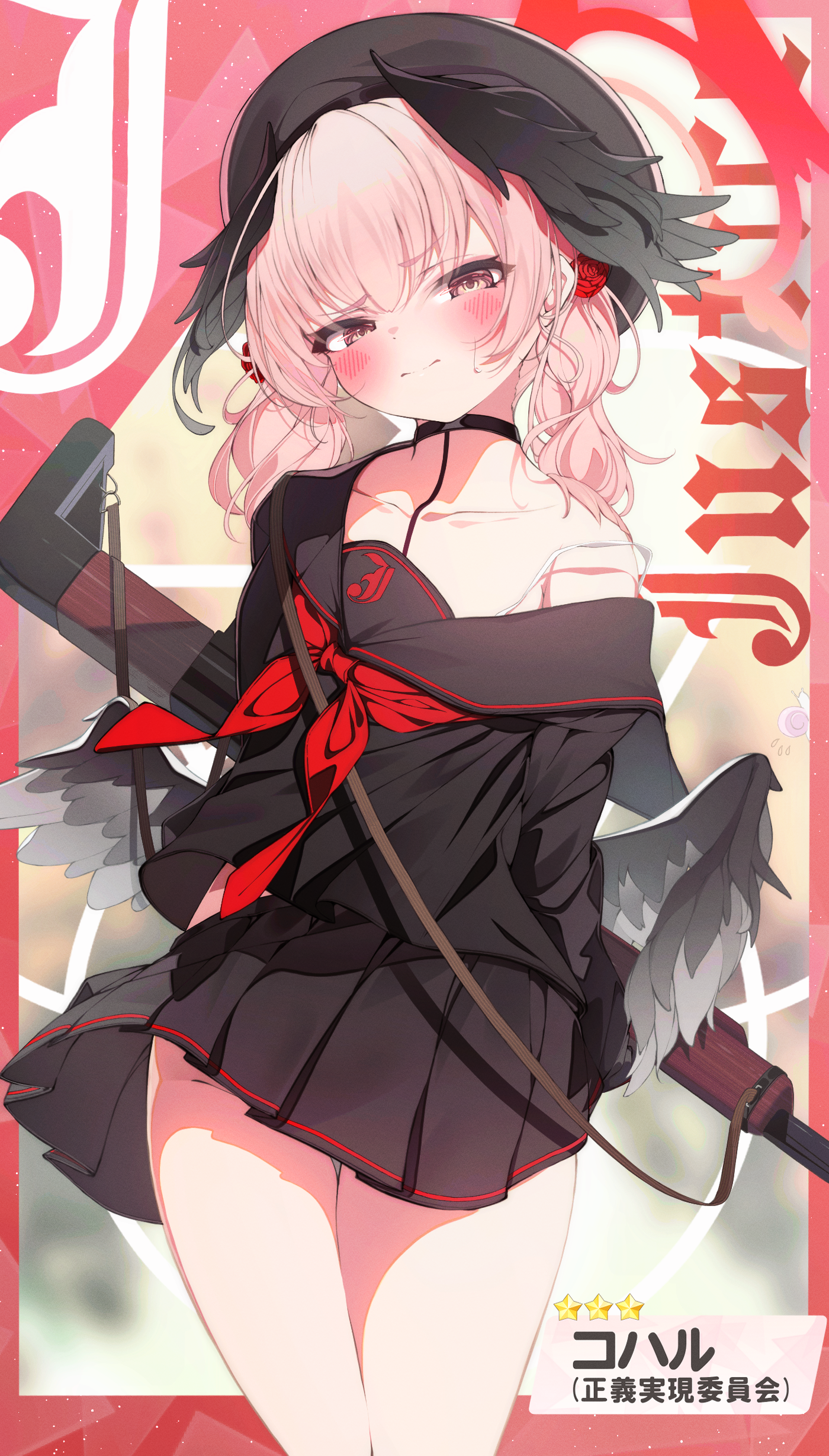 sho me 1853, justice task force member (blue archive), koharu (blue archive), blue archive, absurdres, highres, 1girl, alternate costume, black hat, black sailor collar, black serafuku, black shirt, black skirt, black wings, blush, closed mouth, collarbone, cosplay, em-2, feathered wings, gun, hat, head wings, holding, holding gun, holding weapon, justice task force member (blue archive) (cosplay), long hair, looking at viewer, neckerchief, pink eyes, pink hair, pleated skirt, red neckerchief, sailor collar, school uniform, serafuku, shirt, sidelocks, single bare shoulder, skirt, solo, twintails, weapon, wings