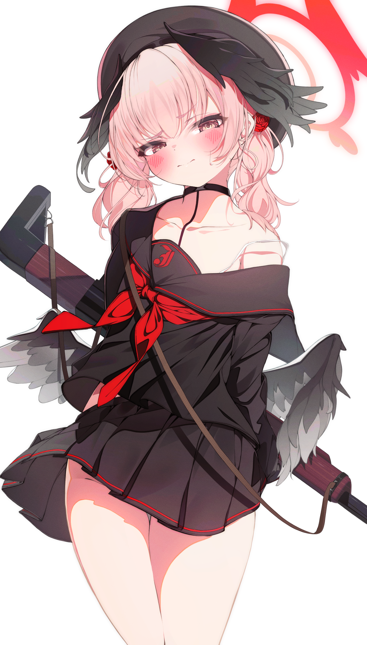 sho me 1853, justice task force member (blue archive), koharu (blue archive), blue archive, absurdres, highres, 1girl, alternate costume, black hat, black sailor collar, black serafuku, black shirt, black skirt, black wings, blush, closed mouth, collarbone, cosplay, em-2, feathered wings, gun, hat, head wings, holding, holding gun, holding weapon, justice task force member (blue archive) (cosplay), long hair, looking at viewer, neckerchief, pink eyes, pink hair, pleated skirt, red neckerchief, sailor collar, school uniform, serafuku, shirt, sidelocks, single bare shoulder, skirt, solo, twintails, weapon, wings