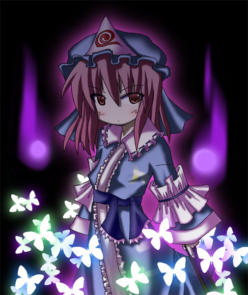 ashibara, saigyouji yuyuko, touhou, 1girl, bug, butterfly, dress, female focus, gradient background, hat, insect, pink eyes, pink hair, solo