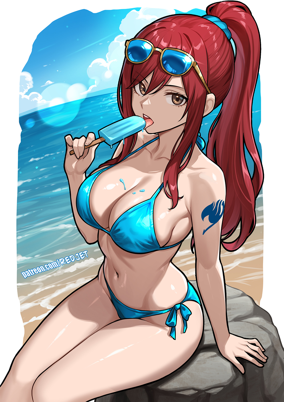 redjet, erza scarlet, fairy tail, highres, 1girl, arm tattoo, beach, bikini, blue-tinted eyewear, blue bikini, blue sky, breasts, cleavage, cloud, day, eyewear on head, food, food on body, food on breasts, high ponytail, holding, holding food, holding popsicle, large breasts, open mouth, outdoors, ponytail, popsicle, red hair, rock, sitting, sky, solo, sunglasses, swimsuit, tattoo, tinted eyewear