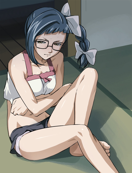haruyama kazunori, nogami shouko, asatte no houkou, breast hold, 00s, 1girl, bare legs, barefoot, braid, breasts, camisole, closed mouth, feet, female focus, glasses, legs, panties, side braid, side ponytail, solo, sweat, toes, undersized clothes, underwear