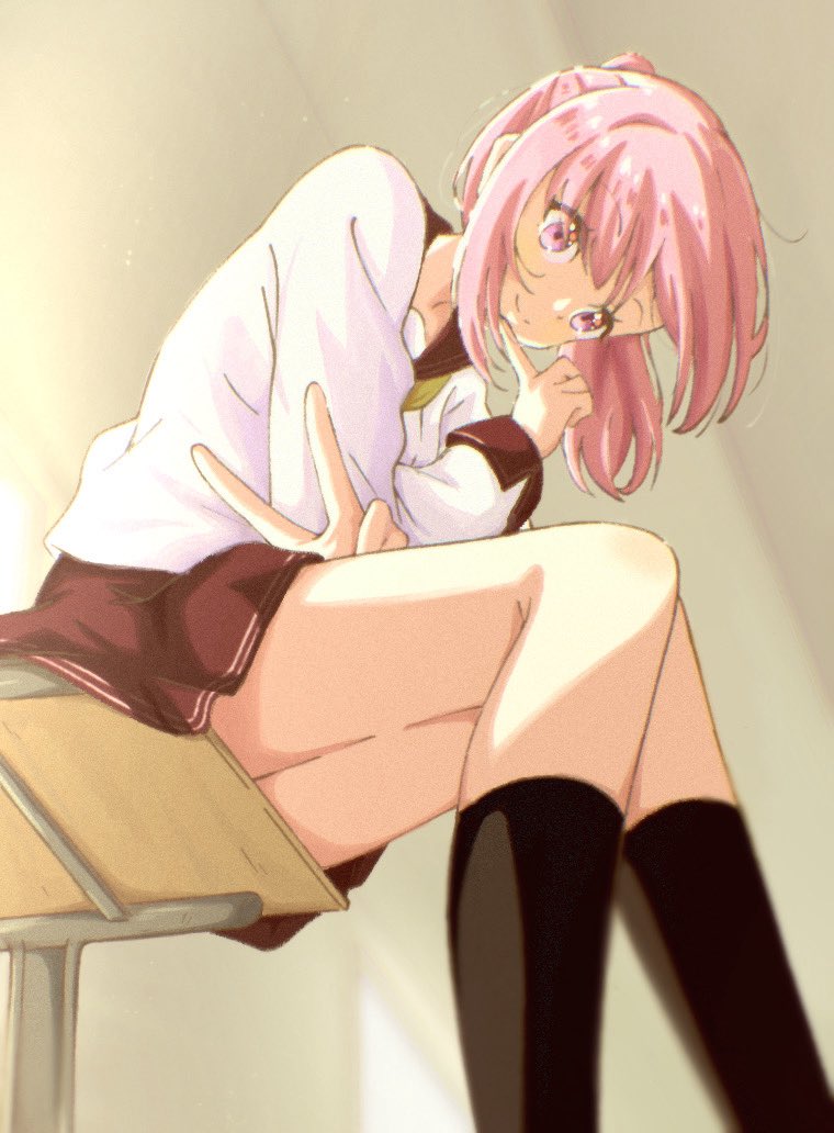 amaori haruna, watashi ga koibito ni nareru wake naijan murimuri!, 1girl, arar0158, black socks, finger to own chin, long sleeves, looking at viewer, neckerchief, pink hair, ponytail, purple eyes, sailor collar, school uniform, serafuku, shirt, sitting, skirt, socks, solo, v, white shirt