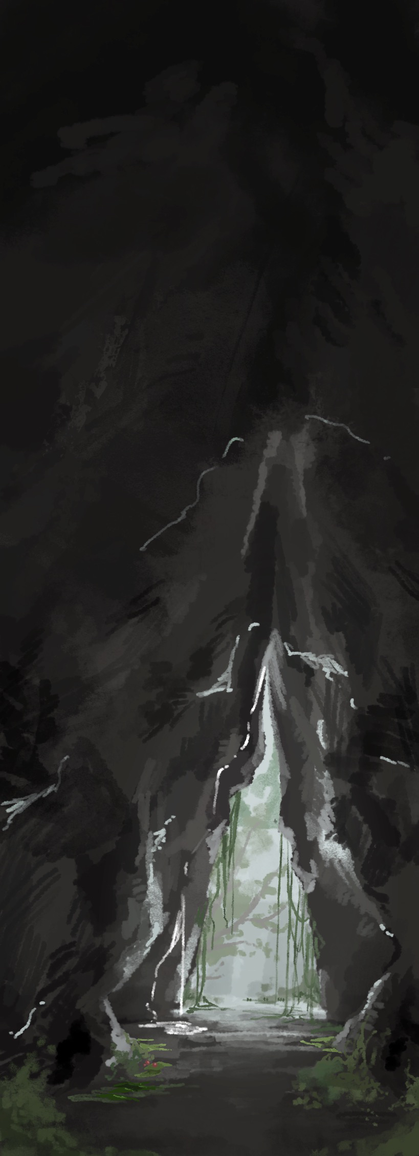 lantadorite, warrior cats, commentary, highres, cave, in-universe location, moss, nature, no humans, outdoors, painterly, plant, rock, scenery, vines