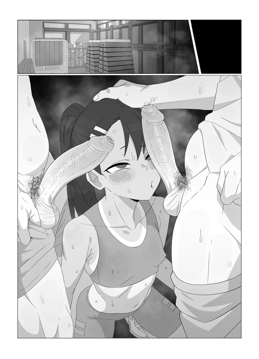 fenqury, nagatoro hayase, ijiranaide nagatoro-san, monogatari (series), 1girl, 2boys, 2koma, bare shoulders, border, breasts, closed mouth, collarbone, comic, covered erect nipples, empty eyes, erection, foot out of frame, from above, greyscale, group sex, half-closed eyes, hand on another's head, hetero, imminent fellatio, indoors, long hair, looking at penis, looking up, midriff, mmf threesome, monochrome, multiple boys, navel, penis, penis awe, penis on face, petite, ponytail, shoes, shorts, silent comic, small breasts, sneakers, sports bra, spread legs, squatting, tan, tanline, testicles, threesome, uncensored, white border